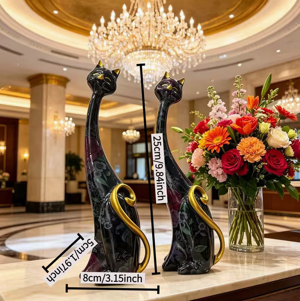 2pcs Elegant Long Neck Cat Statues